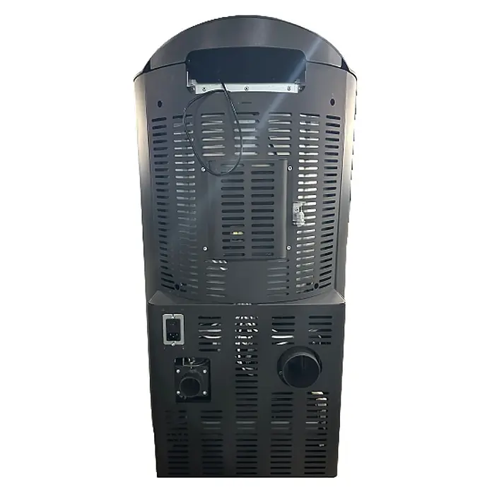 SCHENGER Pelletofen HP51-R - 8,8 kW, Raumheizvermögen: 160 m³, 0,9 kg/h, Farbe Verkleidung: Schwarz - Rückseite eines schwarzen Saunaofens mit umfassenden Lüftungsgittern, Netzschalter und verschiedenen Anschlüssen.