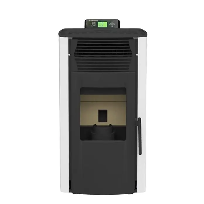 SCHENGER Pelletofen HP51 - 8,8 kW, Raumheizvermögen: 160 m³, 0,9 kg/h, Farbe Verkleidung: Weiß - Moderner schwarz-weißer Pelletofen mit digitalem Bedienfeld und sichtbarer Brennkammer.