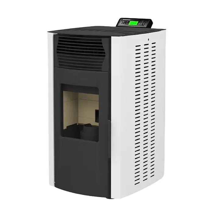 SCHENGER Pelletofen HP51 - 8,8 kW, Raumheizvermögen: 160 m³, 0,9 kg/h, Farbe Verkleidung: Weiß - Moderner Pelletofen mit weißen Seitenwänden, dunkelgrauer Front und integriertem Bedienfeld.