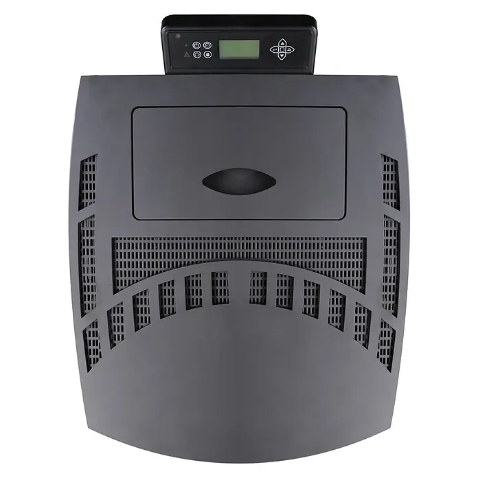 SCHENGER Pelletofen HP51 - 8,8 kW, Raumheizvermögen: 160 m³, 0,9 kg/h, Farbe Verkleidung: Rot - Dunkelgraues Elektronikgerät von oben mit integriertem schwarzem Bedienfeld, Display und Tasten sowie Lüftungsschlitzen.
