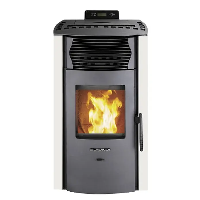SCHENGER Pelletofen HP51 - 8,8 kW, Raumheizvermögen: 160 m³, 0,9 kg/h, Farbe Verkleidung: Weiß - Dunkelgrauer Pelletofen mit sichtbarem Feuer durch die Glastür und digitalem Bedienfeld.
