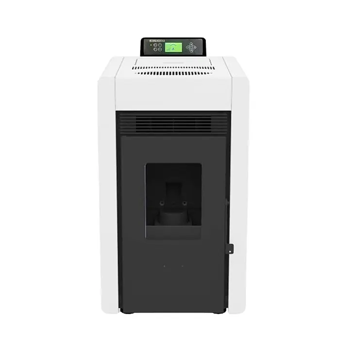 SCHENGER Pelletofen HLP3402 - 5,5 kW, Raumheizvermögen: 120 m³, 0,6 kg/h, Farbe Verkleidung: Weiß - Weißer und schwarzer Pelletofen mit Glastür und digitalem Bedienfeld oben.