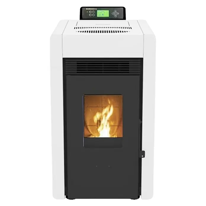 SCHENGER Pelletofen HLP3402 - 5,5 kW, Raumheizvermögen: 120 m³, 0,6 kg/h, Farbe Verkleidung: Weiß - Weißer und dunkelgrauer Pelletofen mit digitalem Bedienfeld und sichtbaren Flammen im Brennraum.