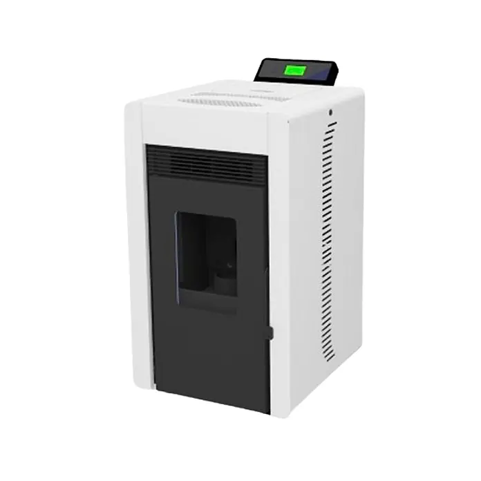 SCHENGER Pelletofen HLP3402 - 5,5 kW, Raumheizvermögen: 120 m³, 0,6 kg/h, Farbe Verkleidung: Weiß - Weißer Pelletofen mit schwarzer Frontplatte und grünem Digitaldisplay oben.