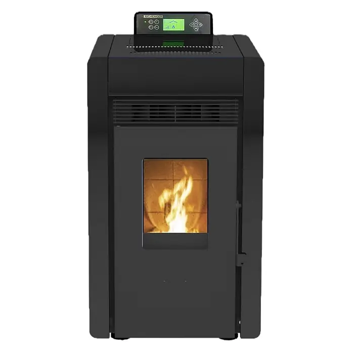 SCHENGER Pelletofen HLP3402 - 5,5 kW, Raumheizvermögen: 120 m³, 0,6 kg/h, Farbe Verkleidung: Schwarz - Dunkelgrauer Pelletofen mit sichtbarer Flamme im Glasfenster und digitalem Bedienfeld oben.