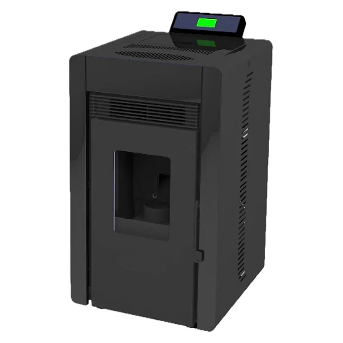 SCHENGER Pelletofen HLP3402 - 5,5 kW, Raumheizvermögen: 120 m³, 0,6 kg/h, Farbe Verkleidung: Schwarz - Dunkelgrauer moderner Pelletofen mit Top-Display und Sichtfenster vorne.
