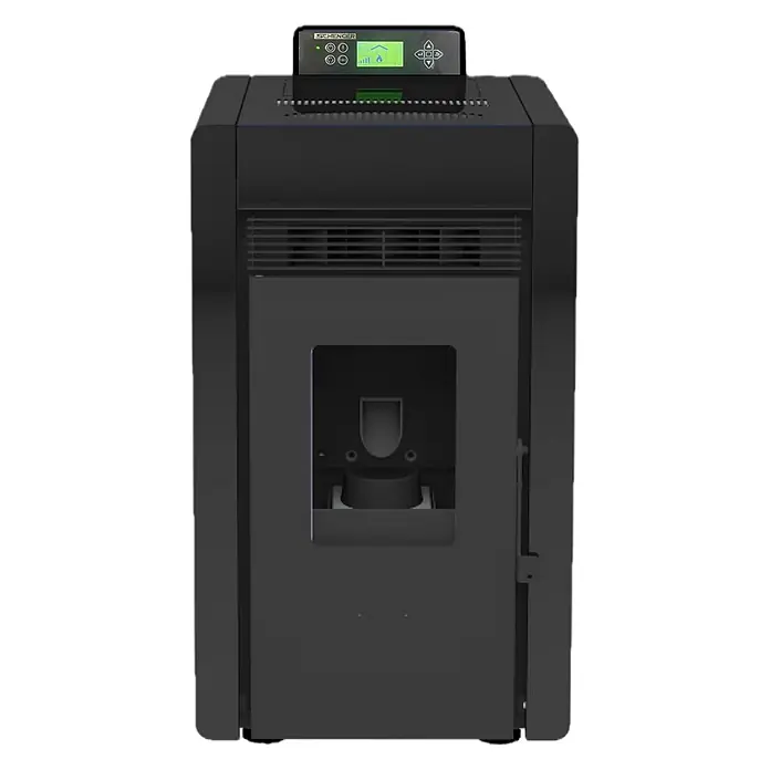 SCHENGER Pelletofen HLP3402 - 5,5 kW, Raumheizvermögen: 120 m³, 0,6 kg/h, Farbe Verkleidung: Schwarz - Schwarzer Pelletofen im modernen Design mit Digitalanzeige oben und sichtbarem Brenntopf.