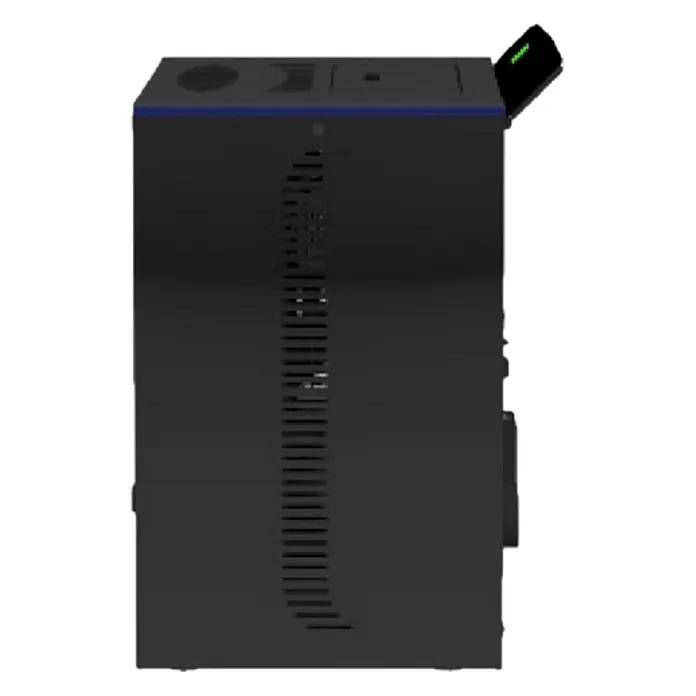 SCHENGER Pelletofen HLP3402 - 5,5 kW, Raumheizvermögen: 120 m³, 0,6 kg/h, Farbe Verkleidung: Schwarz - Dunkelgraues Elektronikgerät mit blauem Streifen, seitlicher Lüftung und oben rechts leuchtender Anzeige.