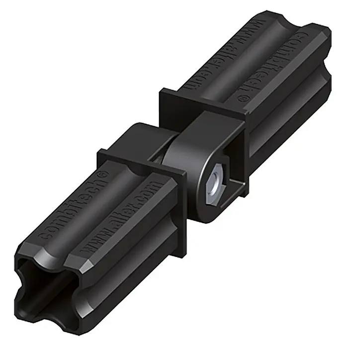 Kantoflex Gelenkverbinder - Schwarz, Geeignet für: 23,5 mm Quadrat-Profile - Eine Nahaufnahme eines CombiTech-Scharniers, das zwei Vierkantrohre mit der Aufschrift "www.alter.com" verbindet.