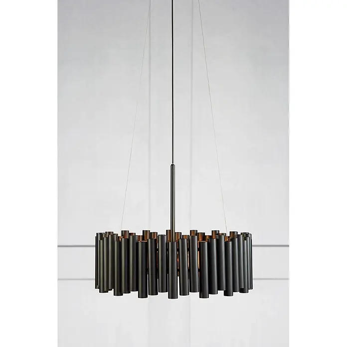 Markslöjd Pendelleuchte rund Level 3 - 60 W, Ø x H: 52,5 x 20 cm, Schwarz, E27 - Moderne schwarze Hängeleuchte aus vertikal angeordneten zylindrischen Röhren, von der Decke abgehängt und sanft beleuchtet.