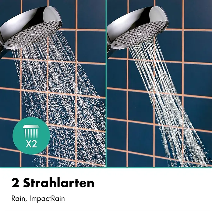 Hansgrohe Duschsystem Activera S - Lochabstand: 138 mm - 162 cm, Anzahl Strahlarten: 2 Stk., Chrom - Verchromter Duschkopf mit zwei Strahlarten, Rain und ImpactRain, vor gekachelter Wand.