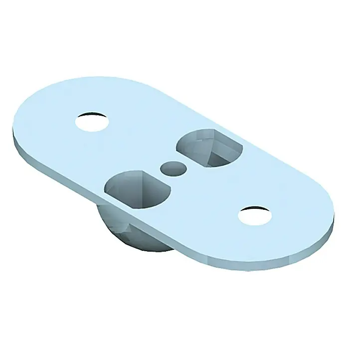 Element System EinsteckhalterPassend für: U-Träger mit Raster 32 mm, 2-seitig - Detailaufnahme einer hellblauen Kugelgelenkhalterung mit Befestigungsplatte. Ideal für flexible Verbindungen und einfache Montage.