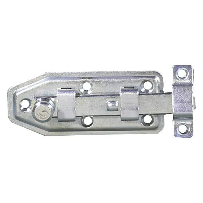 Stabilit Falleba para ventana - 60 x 25 mm - La imagen muestra un pestillo de cañón metálico de color plateado. Está pensado para la fijación adicional de puertas y portones.