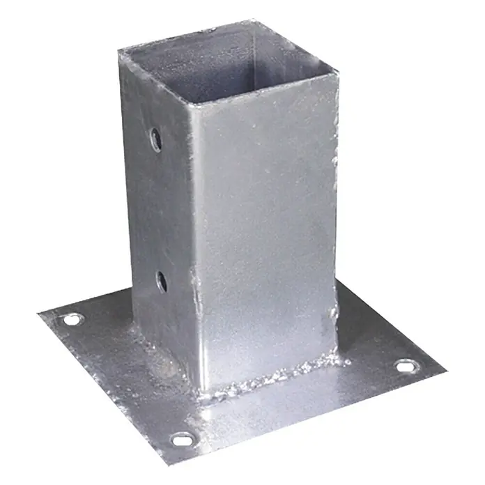 Stabilit Anclaje para atornillar - L x An x Al: 91 x 91 x 150 mm, Acero - Soporte metálico para postes con base cuadrada y agujeros, asegurando una fijación segura para proyectos de construcción.