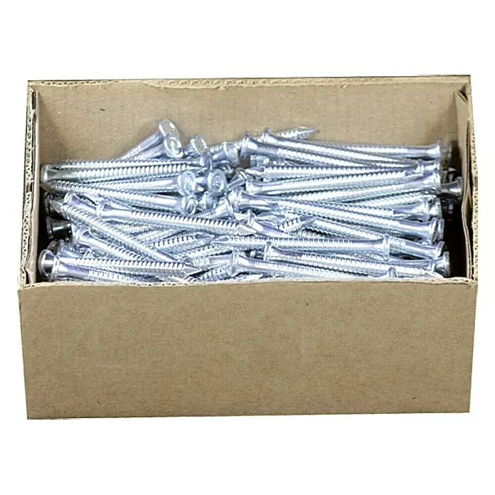 Stabilit Clavo - Ø x L: 4 x 50 mm, 250 ud. - Una caja de cartón llena hasta el borde con un surtido de tornillos plateados brillantes. Los tornillos están densamente empaquetados y parecen nuevos.