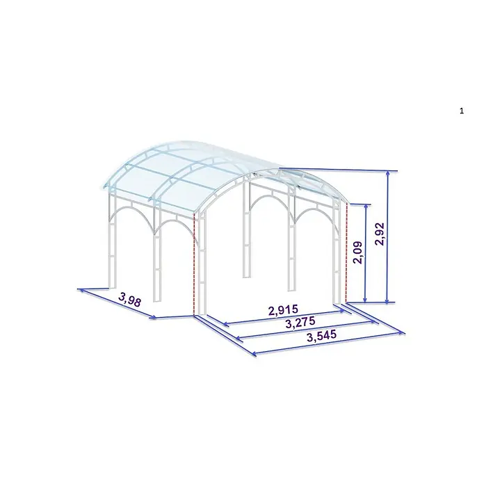 Garten Dream Carport Atlas - Einzelcarport, Silber - Überdachung mit gebogenem Dach, hellem Metallrahmen und transparenter Abdeckung, Maße sichtbar.