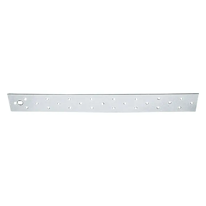 Stabilit Pletina de ensamblaje alargada - 340 x 40 mm, Acero - Imagen de una placa de metal perforada, ideal para aplicaciones de construcción y edificación que requieren una conexión segura y duradera.