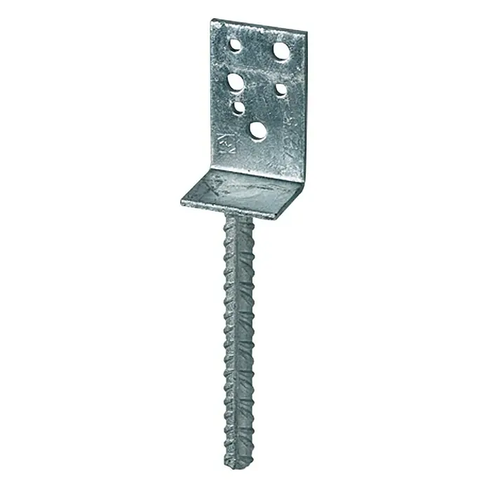 Stabilit L-Stützenschuh - 70 x 60 x 100 mm - Bild eines verzinkten Ankers mit einem vertikalen Stab und einer L-förmigen Platte mit Bohrlöchern.