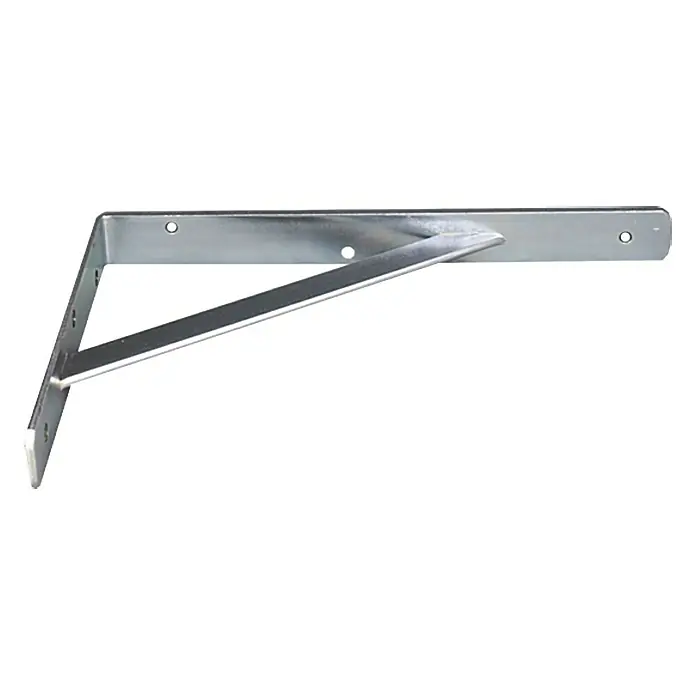 Stabilit Stegkonsole - 500 x 330 mm, Verzinkt - Nahaufnahme einer stabilen, silberfarbenen Regalhalterung aus Metall mit Löchern zur einfachen Montage, ideal für die Wandbefestigung.