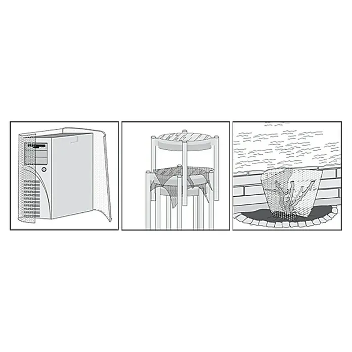 Luftpolsterfolie - 5 x 2 m, Transparent - Drei Illustrationen zeigen verschiedene Anwendungen von Schutznetzen für Außenbereiche, ideal zum Schutz vor Tieren und Witterung.