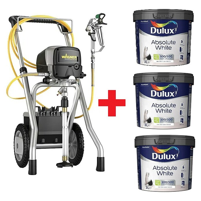 Wagner Sistem za pršenje barve High Efficiency Airless Power Painter 90 + 3 x 3l Dulux Absolute White  (800 W, Prenosna zmogljivost: 1,9 l/min) | Sistemi za pršenje barve | Potrebščine za pleskanje in tapeciranje | Barve in tapete | Izdelki | BAUHAUS