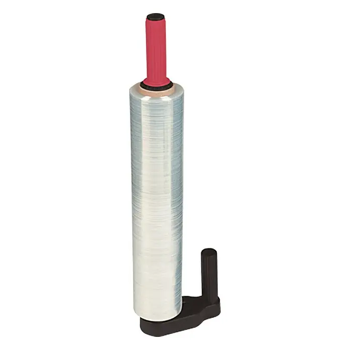Handroller - Geeignet für: Stretchfolien mit 400 - 500 mm Breite - Ein Abroller mit rotem Griff und schwarzem Sockel. Darauf befindet sich eine Rolle transparente Wickelfolie.