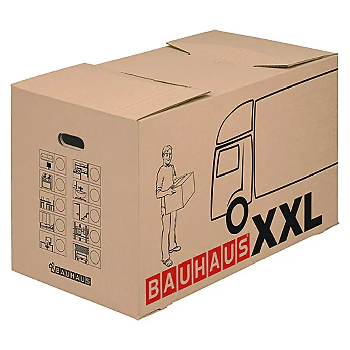 BAUHAUS Umzugskarton Multibox XXL - 10 Stk., L x B x H: 72,5 x 41 x 44 cm, Traglast: 30 kg - Ein brauner Umzugskarton mit aufgedruckten Möbelpiktogrammen, einer Person, einem LKW und dem Schriftzug "BAUHAUS XXL" ist zu sehen.
