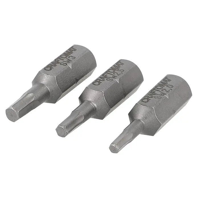 Craftomat Bit Standard Hex 2/2,5/3 - 3 -tlg. - Drei graue Metall-Sechskantbits für Schraubendreher, beschriftet CRAFTOMAT mit Größen SW 3, SW 2,5 und SW 2,0.