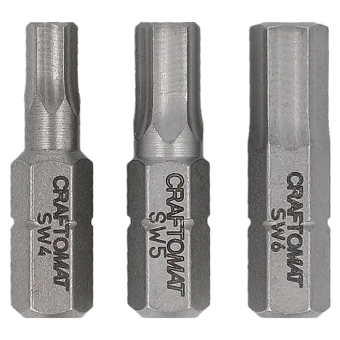 Craftomat Bit Standard Hex 4/5/6 - 3 -tlg. - Drei graue Metall CRAFTOMAT Spline-Schrauberbits (SW4, SW5, SW6) mit Sechskant-Aufnahme.