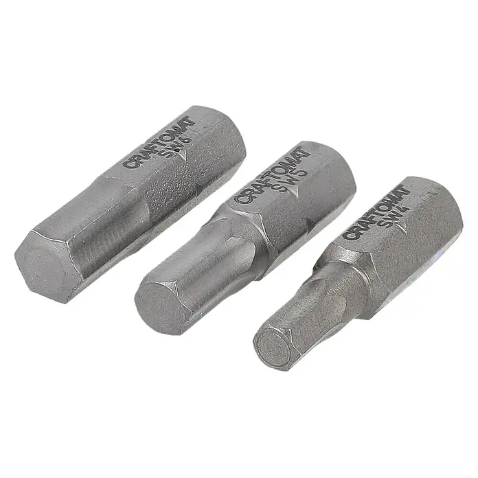 Craftomat Bit Standard Hex 4/5/6 - 3 -tlg. - Drei graue Sechskant-Schrauberbits aus Metall, Größen SW6, SW5 und SW4, für Schraubendreher oder Bohrmaschinen.