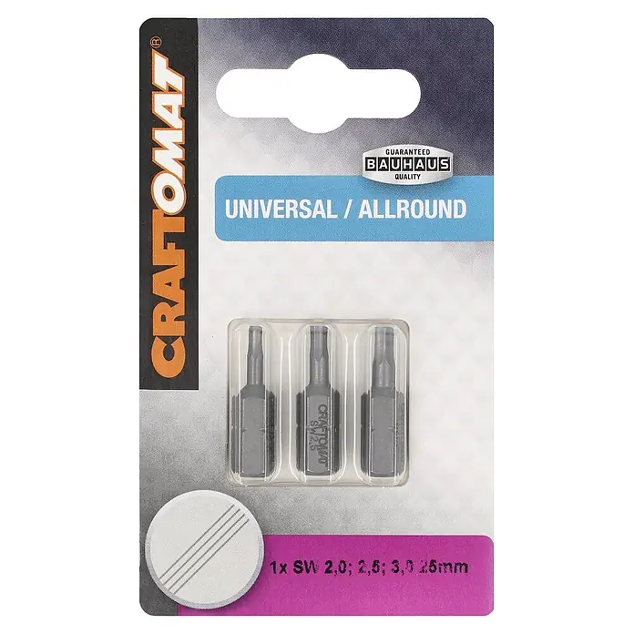 Craftomat Bit Standard Hex 2/2,5/3 - 3 -tlg. - Set aus drei grauen Innensechskant-Schrauberbits (2,0, 2,5, 3,0 mm) in Blisterverpackung.