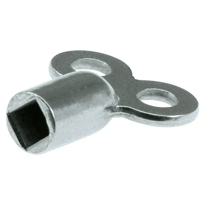 Suki Llave para purgador - 6 mm, Acero - Primer plano de una llave de purga de radiador metálica con un encaje cuadrado y dos orificios para girar.