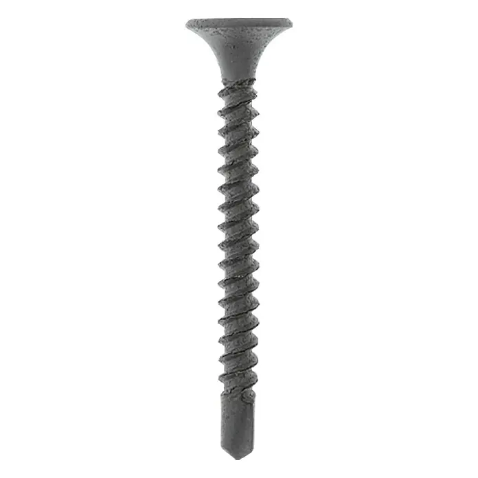 Profi Depot SchnellbauschraubeDurchmesser: 3,5 mm, Länge: 35 mm, Senkkopf, Mit Bohrspitze, 1.000 Stk. - Nahaufnahme einer einzelnen schwarzen Trockenbauschraube mit Gewinde und flachem Kopf.
