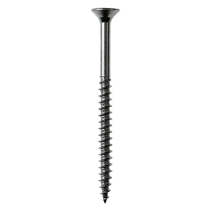 Profi Depot Tornillo para madera - Ø x L: 6 x 50 mm, 100 ud., Zincado, Ranura en forma de cruz Pozidriv - Primer plano de un solo tornillo de cabeza avellanada con roscas afiladas, perfecto para carpintería y proyectos de bricolaje.