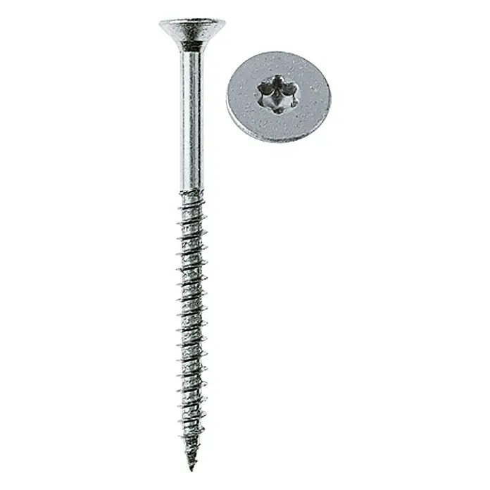 Profi Depot Spanplattenschraube VZ - Ø x L: 5 x 100 mm, 100 Stk., Verzinkt - Bild einer einzelnen Torx-Holzschraube aus Stahl mit Linsenkopf und passendem Bit, ideal für Holzverbindungen im Innen- und Außenbereich.