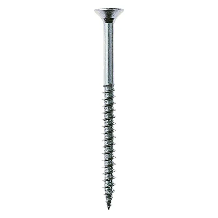 Profi Depot Spanplattenschraube A2 - Durchmesser: 6 mm, Länge: 100 mm, Edelstahl, TX für TORX-Antriebe, Teilgewinde, 50 Stk. - Bild einer Senkkopfschraube aus Metall mit Gewinde, ideal für Holzverbindungen und Heimwerkerprojekte.