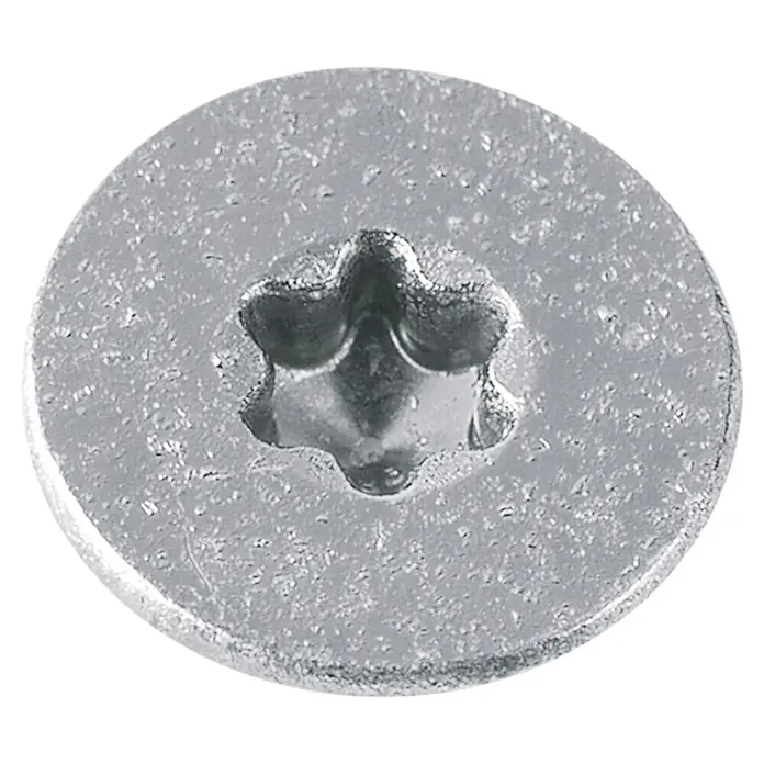 Profi Depot Spanplattenschraube A2 - Durchmesser: 6 mm, Länge: 80 mm, Edelstahl, TX für TORX-Antriebe, Teilgewinde, 50 Stk. - Nahaufnahme eines silbernen Torx-Schraubenkopfes mit feinen Details und Textur auf der Oberfläche.