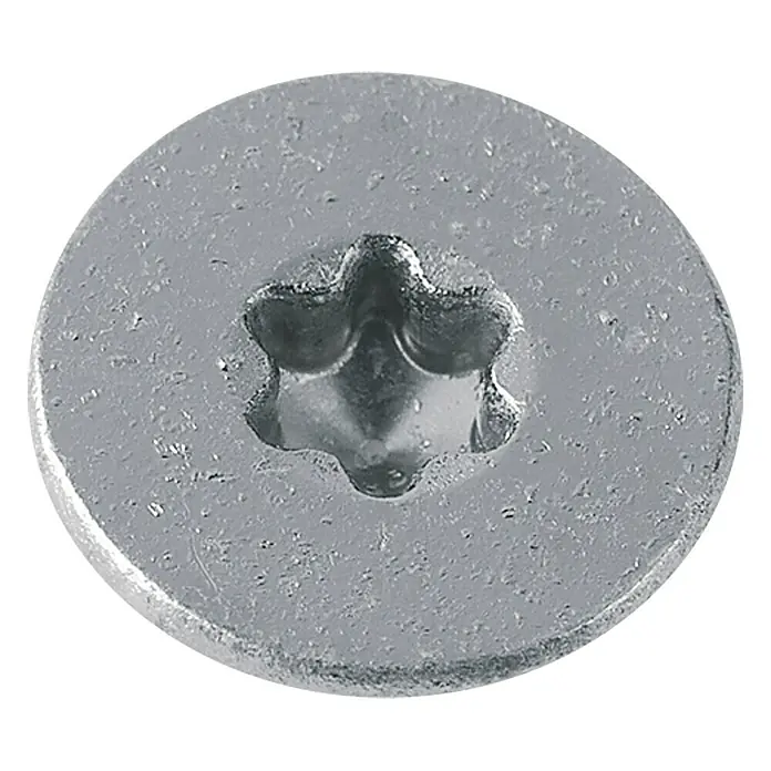 Profi Depot Spanplattenschraube A2Durchmesser: 3 mm, Länge: 25 mm, Edelstahl, TX für TORX-Antriebe, Vollgewinde, 200 Stk. - Nahaufnahme eines silbernen Torx-Schraubenkopfes mit feinen Details und Textur auf der Oberfläche.