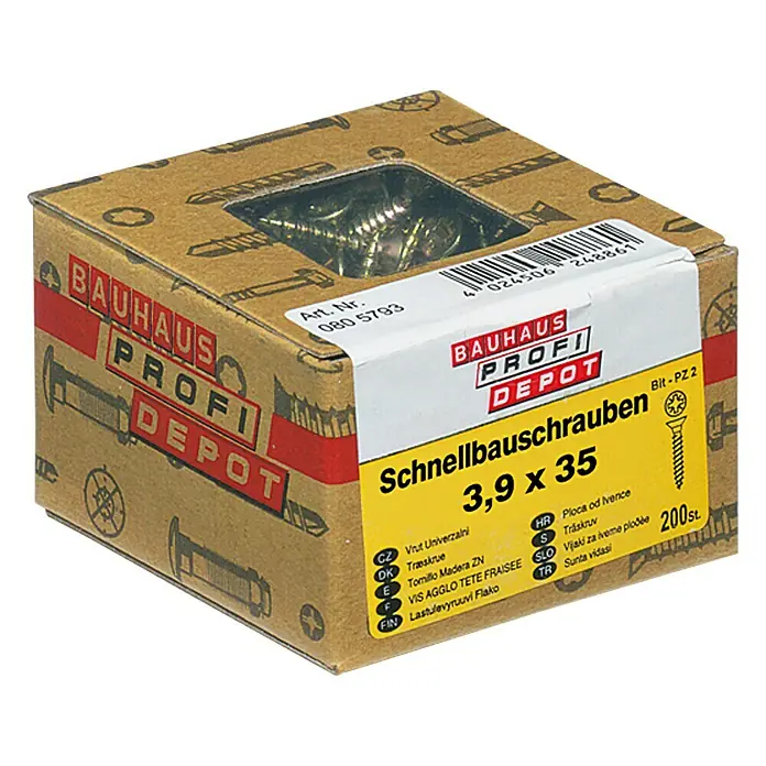 Profi Depot Schnellbauschraube - Durchmesser: 3,9 mm, Länge: 35 mm, Senkkopf, Feingewinde, 200 Stk. - Karton Schnellbauschrauben 3,9 x 35 mm von Bauhaus Profi Depot, 200 Stück. Ideal für Trockenbauarbeiten.
