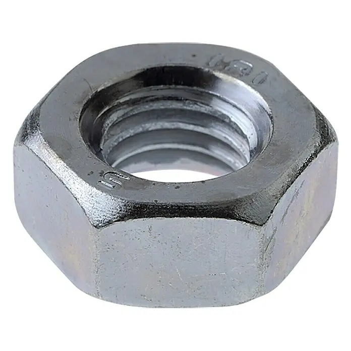 Profi Depot Sechskantmutter VZ - M 20, Schlüsselweite: 30 mm, Stahl, 25 Stk. - Nahaufnahme einer verzinkten Sechskantmutter, ein typisches Befestigungselement für vielfältige Anwendungen im Maschinenbau und Handwerk.