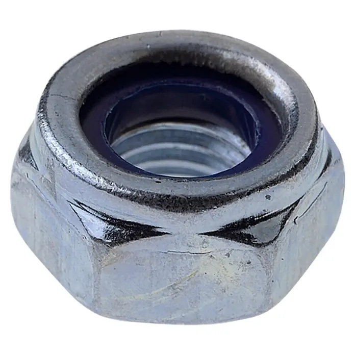 Profi Depot Stoppmutter VZ - M 4, 100 Stk., Verzinkt - Nahaufnahme einer Sicherungsmutter mit Nyloneinsatz, die für sicheren Halt und Vibrationsbeständigkeit sorgt. Ideal für verschiedenste Anwendungen.