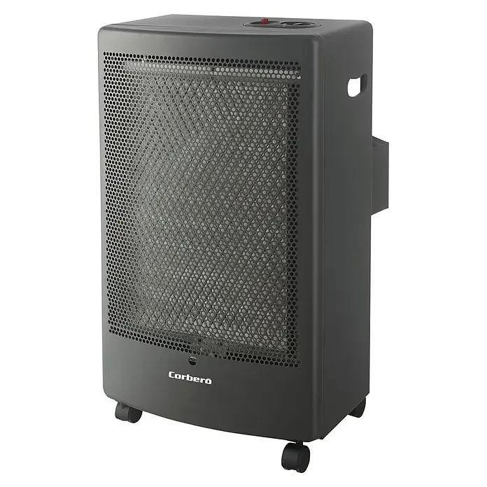 Corberó Estufa de gas catalítica Slim - 3 kW, Negro - Calefactor de gas portátil gris oscuro con rejilla frontal perforada, mandos de control y ruedas.