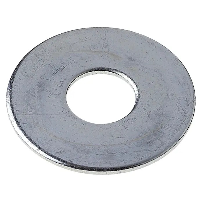 Profi Depot Karosseriescheibe VZ - Innendurchmesser: 10,5 mm, Außendurchmesser: 40 mm, 50 Stk., Verzinkt - Nahaufnahme einer glänzenden, silberfarbenen Unterlegscheibe, die auf einer weißen Oberfläche liegt.