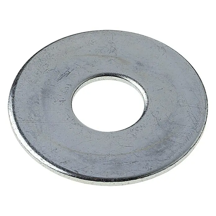 Profi Depot Karosseriescheibe VZ - Innendurchmesser: 8,4 mm, Außendurchmesser: 25 mm, 100 Stk., Verzinkt - Nahaufnahme einer glänzenden, silberfarbenen Unterlegscheibe, die auf einer weißen Oberfläche liegt.