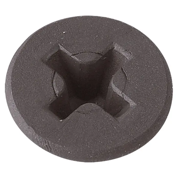 Profi Depot Schnellbauschraube - Durchmesser: 3,9 mm, Länge: 25 mm, Senkkopf, Grobgewinde, 200 Stk. - Nahaufnahme eines schwarzen Trockenbauschraubenkopfes mit Kreuzschlitz, der für Bau- und Reparaturarbeiten verwendet wird.