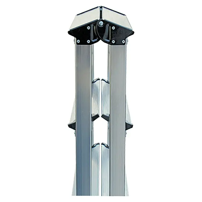 Krause Monto Escalera de tijera de doble acceso - Altura de trabajo: 2,2 m, Número de peldaños: 6 ud., Carga soportada: 150 kg, Aluminio - Vista detallada de una escalera de aluminio de varias partes con un mecanismo de bisagra negro y peldaños acanalados para un agarre seguro.