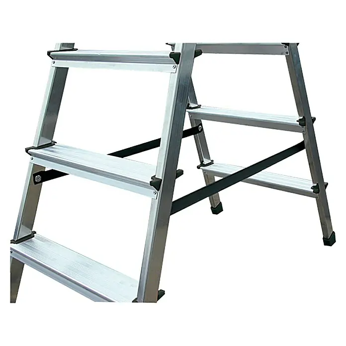 Krause Monto Escalera de tijera de doble acceso - Altura de trabajo: 3,05 m, Número de peldaños: 14 ud., Carga soportada: 150 kg, Aluminio - Escalera de tijera plateada con tres peldaños y puntales negros. Ideal para el hogar y pequeños proyectos.