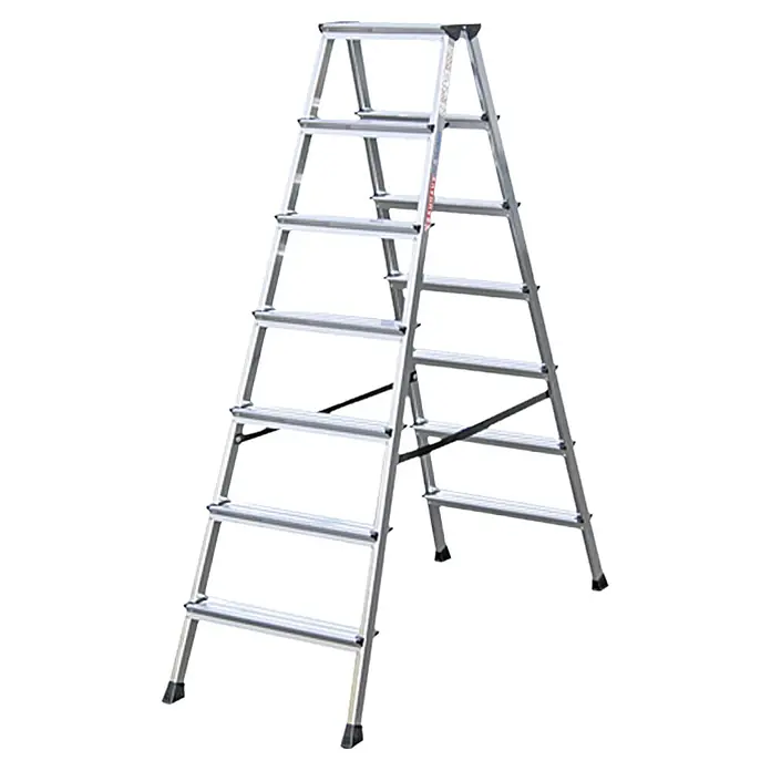 Krause Monto Escalera de tijera de doble acceso - Altura de trabajo: 3,05 m, Número de peldaños: 14 ud., Carga soportada: 150 kg, Aluminio - Una escalera plateada de tijera con siete peldaños. Es robusta y segura, perfecta para diversas tareas.