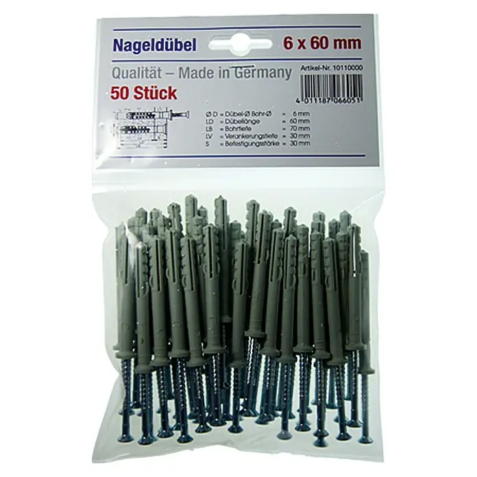 Schlagdübel - Durchmesser Dübel: 6 mm, Länge Dübel: 60 mm, Geeignet für: Beton, 50 Stk. - Packung mit 50 Nageldübeln der Größe 6 x 60 mm, hergestellt in Deutschland, ideal für Befestigungsarbeiten.