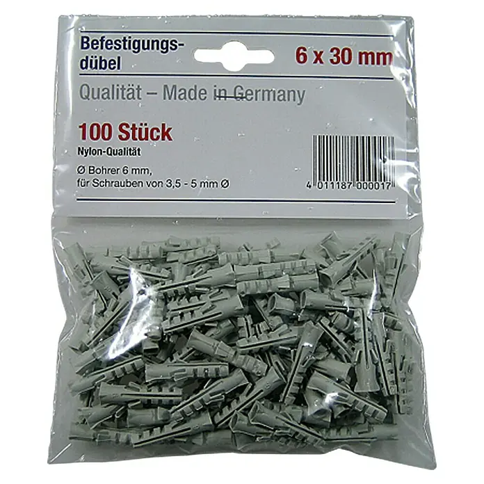 Dübel-Set - Durchmesser Dübel: 6 mm, Länge Dübel: 30 mm, 100 Stk., Nylon - Ein Beutel mit 100 Nylondübeln, Größe 6 x 30 mm, geeignet für Schrauben von 3,5-5 mm Durchmesser. Made in Germany Qualität.